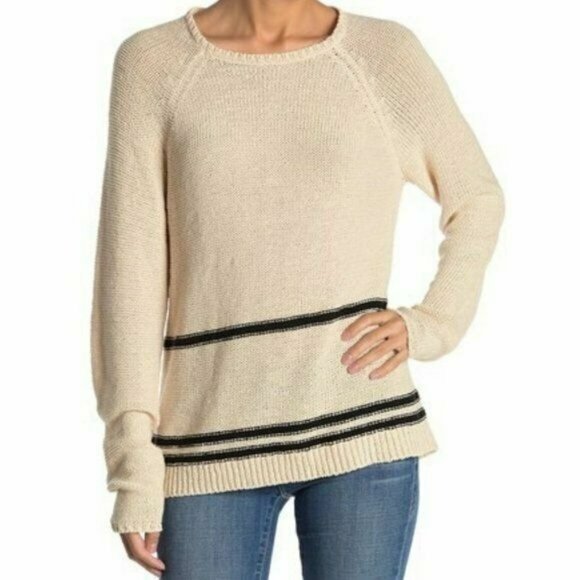 Magaschoni Womens Pullover Sweater Size L Ivory Black Stripe‎ Knit Crew Neck NWT - Picture 1 of 8